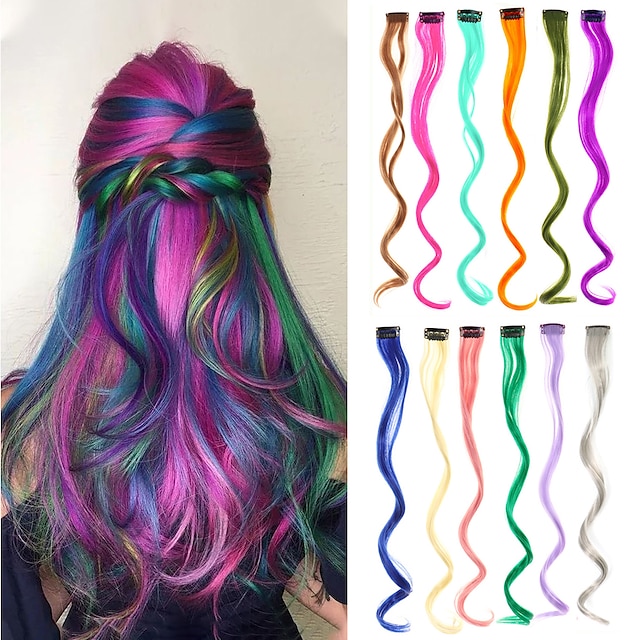  estensioni dei capelli colorate lunghe ondulate estensioni dei capelli arcobaleno colorato clip in colore sintetico capelli parti in evidenza per le donne bambini ragazze 12 pezzi 22 pollici