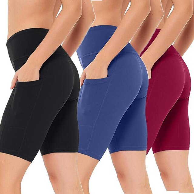 Women's Yoga Shorts Workout Shorts High Waist Shorts Bottoms Solid Color Tummy Control Butt Lift Quick Dry Side Pockets Black Burgundy Royal Blue Clothing Clothes Yoga Fitness Gym Workout Running
