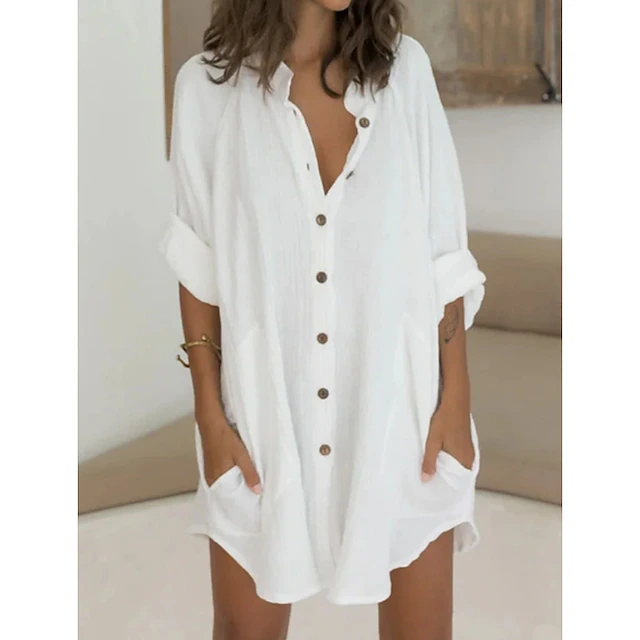 Women's Shirt Dress Casual Dress Shift Dress Mini Dress Cotton Basic ...