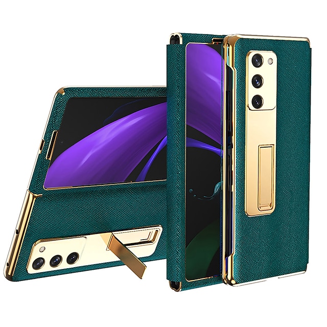  Flip PU Leather Phone Case For Samsung Galaxy Z Fold 2 Plating Camera Lens Protector PU Leather Shell with Phone Holder Stand