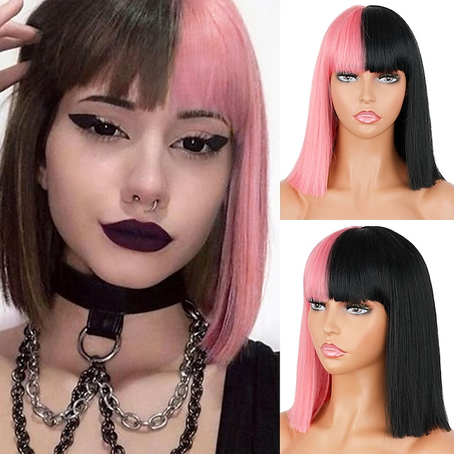 Beauty & Hair Wigs & Hair Pieces | Synthetic Wig Curly Neat Bang Wig Short Black / Gold Violet Pink Pink / Purple Light Brown Da