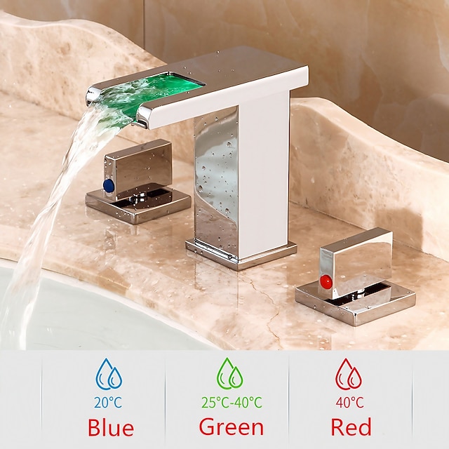  szeroko rozpowszechniony kran łazienkowy wodospad bateria zlewozmywakowa baterie umywalkowe led 3 kolory z temperaturą, mosiądz 3 otwory 2 uchwyt montowany na pokładzie, kran do umywalki z wężem ciepłej i zimnej wody