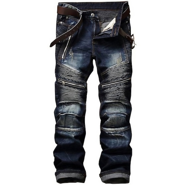  men's retro distressed zipper pleated wear-resistant jeans trousers straight pants slim fit retro style biker jeans pants