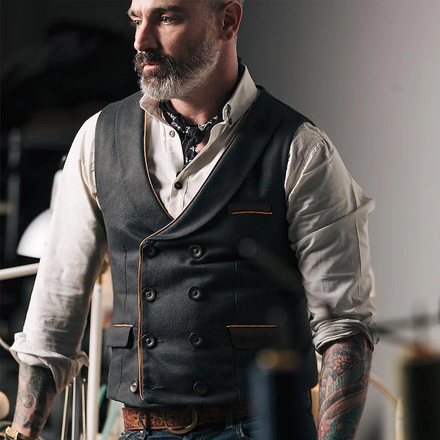 Men's Vest Suit Vest Gilet Party Evening Wear Festival Vintage Casual Polyester Solid Colored Double Breasted V Neck Slim Black Vest 6