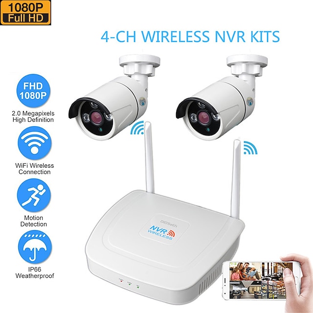  DIDSeth 4CH 1080P Wifi NVR Wireless NVR Kits with 2pcs 2MP Outdoor Wireless IP Security camerass Night Vision Cameras