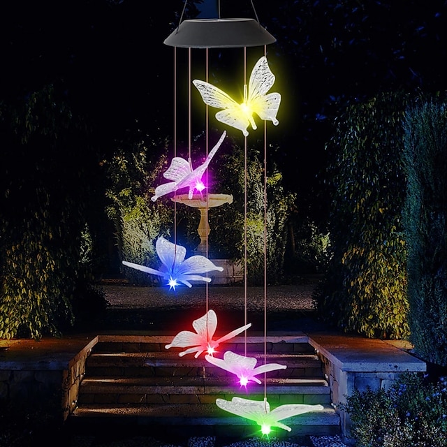  Zewnętrzna wodoodporna led solarna kolorowa lampa dzwonka wiatrowego kształt motyla wisiorek led lampka nocna dziedziniec ogród taras dekoracyjna latarnia!