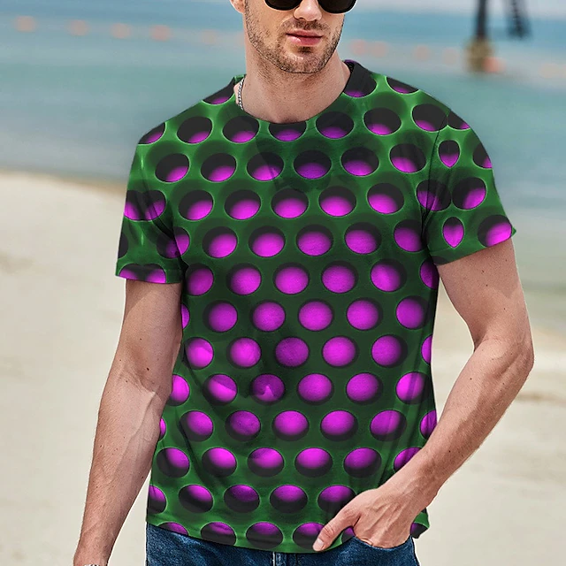 Men's T shirt Tee Optical Illusion Crew Neck Round Neck Green Purple ...