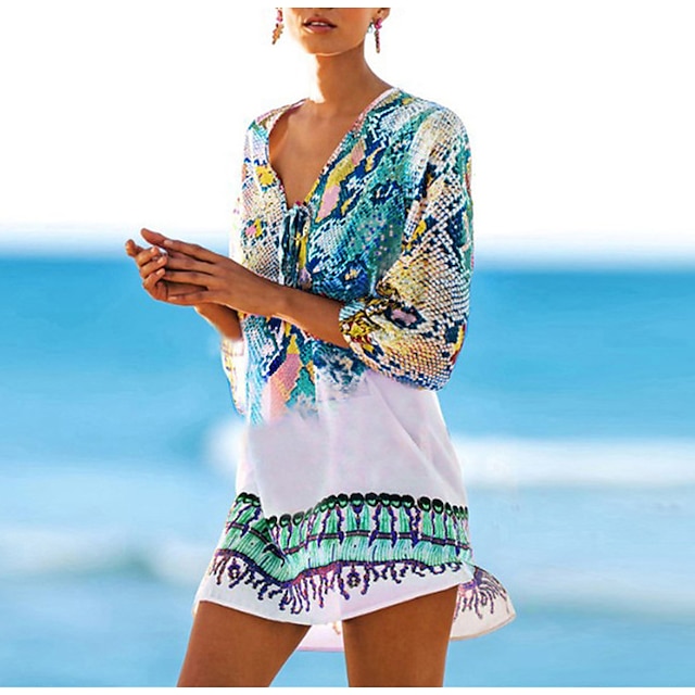 

Women's Swimwear Cover Up Beach Dress Swimsuit Oversized Floral Red / Yellow Blue-Green Bathing Suits New Vacation / Padless
