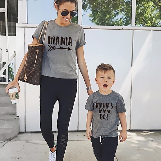 Baby & Kids Matching Outfits | Tops Mommy and Me Cotton Letter Daily Print Gray White Black Short Sleeve Daily Matching Outfits 