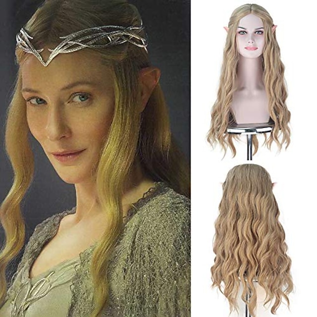  royalvirgin macchina completa parrucche sintetiche il film hobbit elfo regina galadriel parrucche cosplay ondulate lunghe 613 capelli biondi cenere dorata per l'uso senza orecchio
