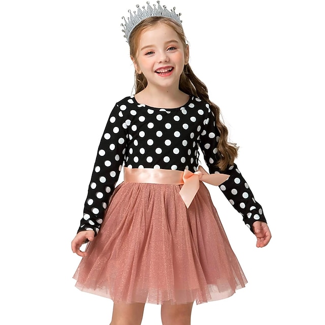  Kids Girls' Dress Polka Dot Long Sleeve Daily Mesh Sweet Tulle Knee-length Tulle Dress Black White