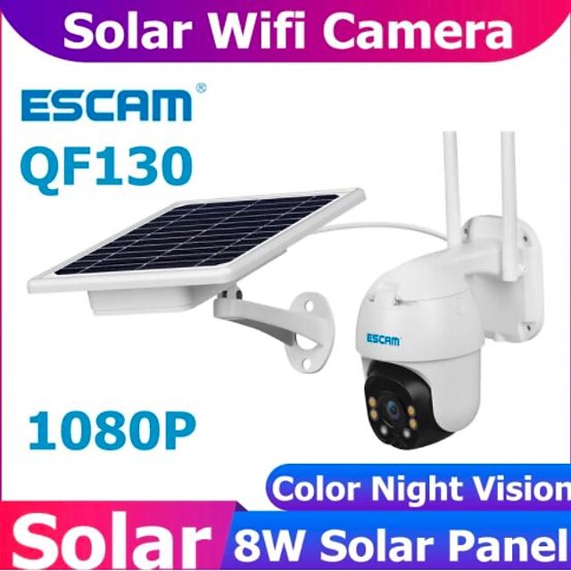  ESCAM QF130 1080P PIR Alarm Wifi IP Security Cameras with Solar Panel Full Color Night Vision Two Way Audio IP66  Outdoor Solar Security Cameras
