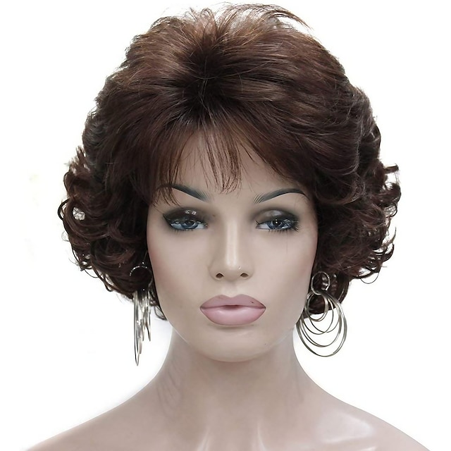  Dark Brown Short Curly Wavy Wig with Hair Bangs 100% Imported Premium Synthetic Fashion Brown Hair Wigs for Women