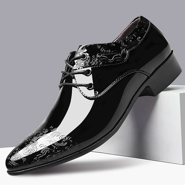 Men's Patent Faux Leather Embossed Dress Shoes - Black Formal Business Lace-Up Oxford Shoes for Weddings, Parties, and Events 8