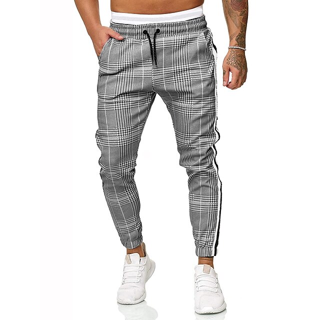  Men's Joggers Trousers Chinos Pants Trousers Casual Pants Drawstring Classic Lattice Outdoor Full Length Home Daily Cotton Streetwear Stylish Slim Gray Micro-elastic