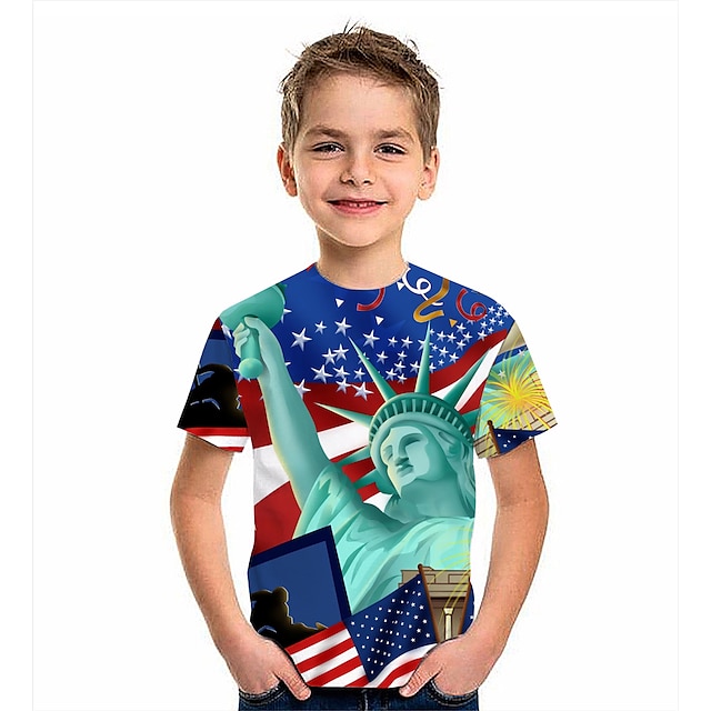  Kids Boys' T shirt Short Sleeve American flag 3D Print Graphic Flag Print Blue Children Tops Summer Active Daily Wear Regular Fit 4-12 Years