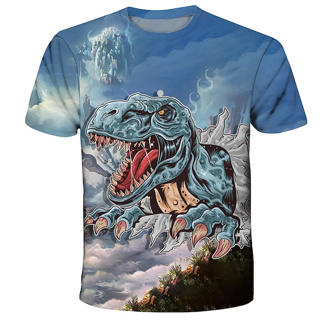  Camiseta con estampado 3d de dinosaurio para niños, camiseta de manga corta con estampado animal azul para la escuela, uso diario activo de 4 a 12 años/verano