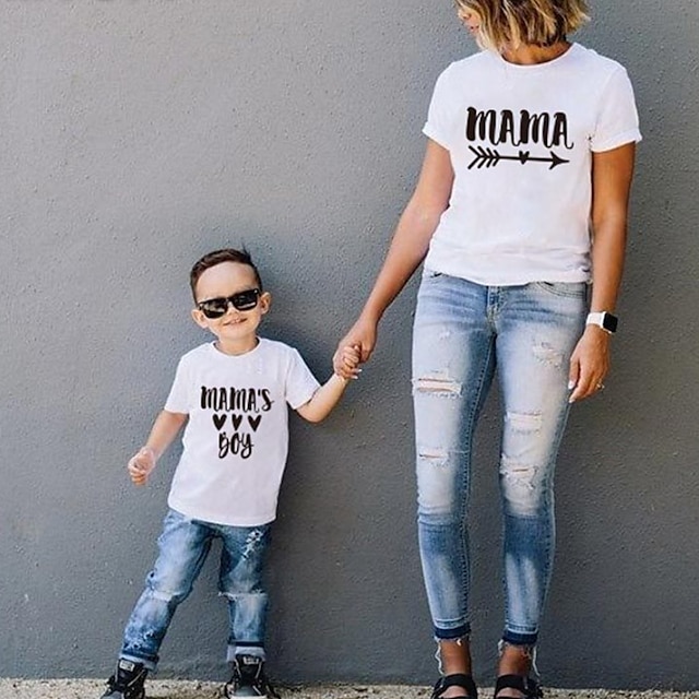 Baby & Kids Matching Outfits | Tops Mommy and Me Cotton Letter Daily Print Gray White Black Short Sleeve Daily Matching Outfits 