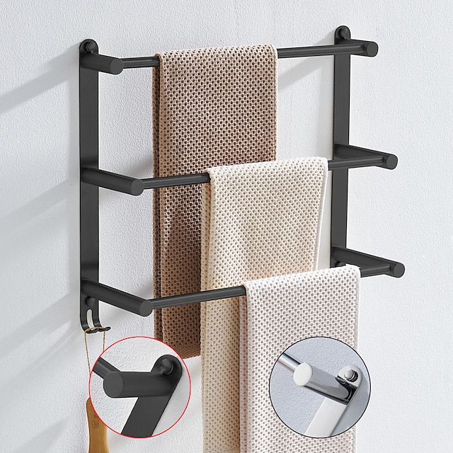  Toalheiro montado na parede com ganchos, prateleira de armazenamento de barra de toalha de 3 camadas de aço inoxidável para banheiro 30cm ~ 70cm suporte de toalha toalheiro cabide de toalha