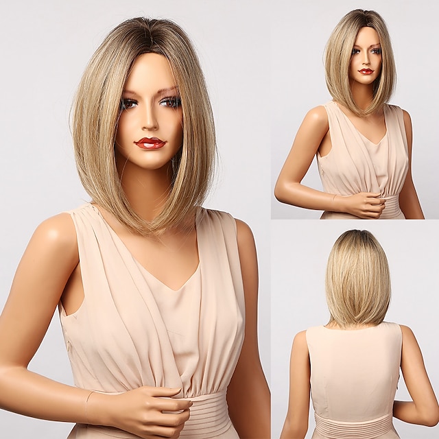 Beauty & Hair Wigs & Hair Pieces | Light White Blonde Ombre Short Bob Wigs for Women Synthetic Straight Hair Wig Natural Cosplay