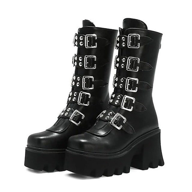 Womens Studded Mid Calf Rivet Punk Lace Up Block High Heels Gothic Boots Shoes 