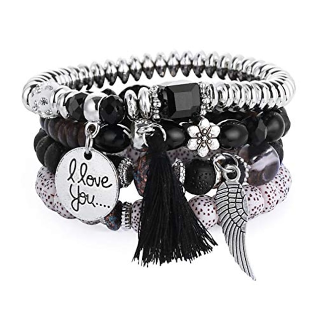  pony river beaded bracelets women | boho beaded stackable jewelry bracelets | multilayer stretch wing tassel natural stone (black)