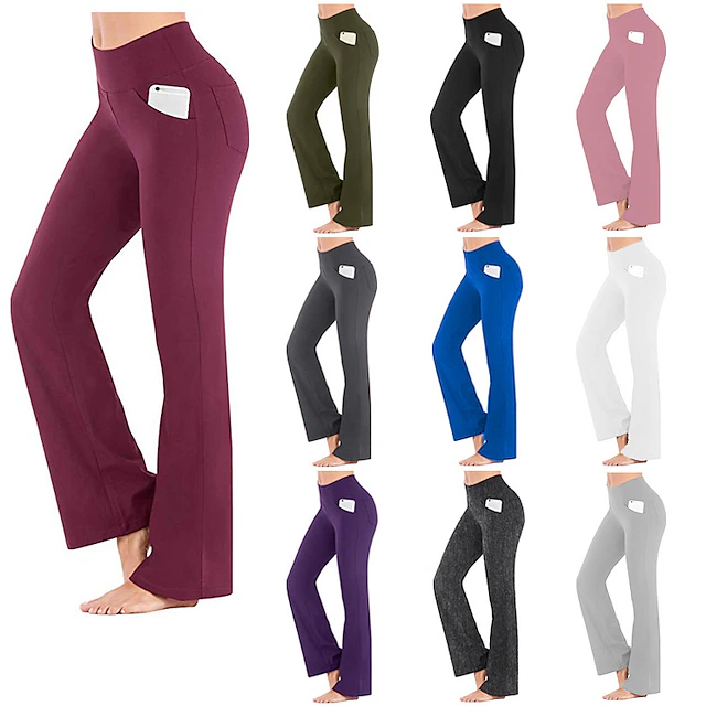 Women's Yoga Pants Side Pockets Bootcut Tights Tummy Control Butt Lift 4 Way Stretch Purple Army Green Dark Gray Yoga Fitness Gym Workout Winter Sports Activewear High Elasticity / Breathable 34