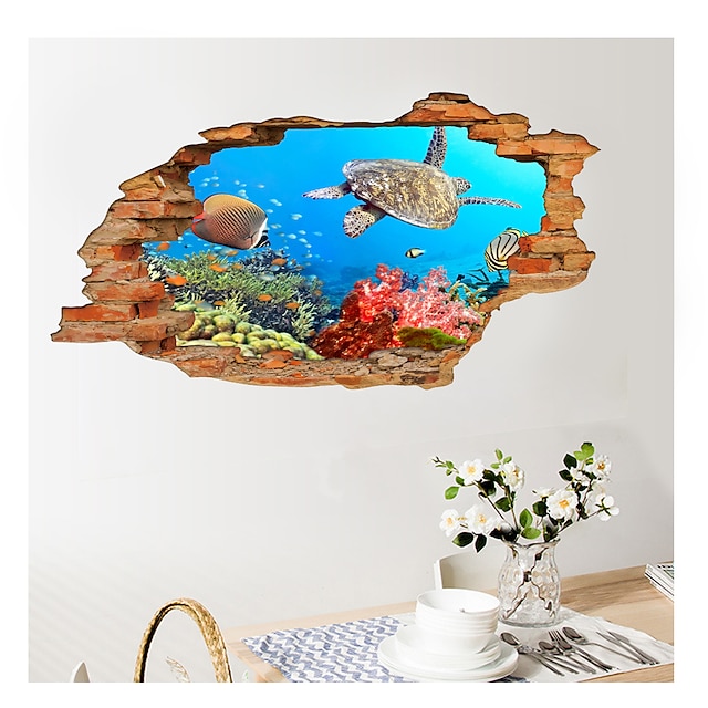 Home & Garden Home Decor | 3D Broken Wall Undersea World Turtle Home Childrens Room Background Decoration Can Be Removed Sticker