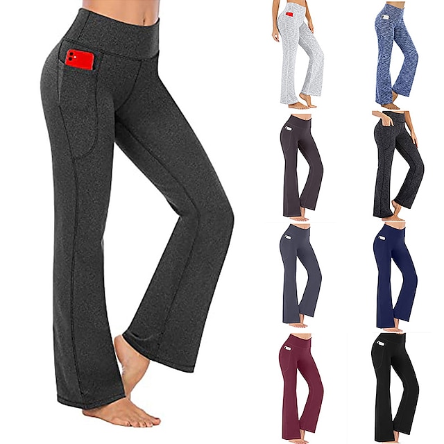  Women's High Waist Yoga Pants Side Pockets Bootcut Bottoms Comfy Quick Dry Soft Solid Color Black Gray Dark Blue Cotton Blend Yoga Fitness Gym Workout Summer Sports Activewear Micro-elastic