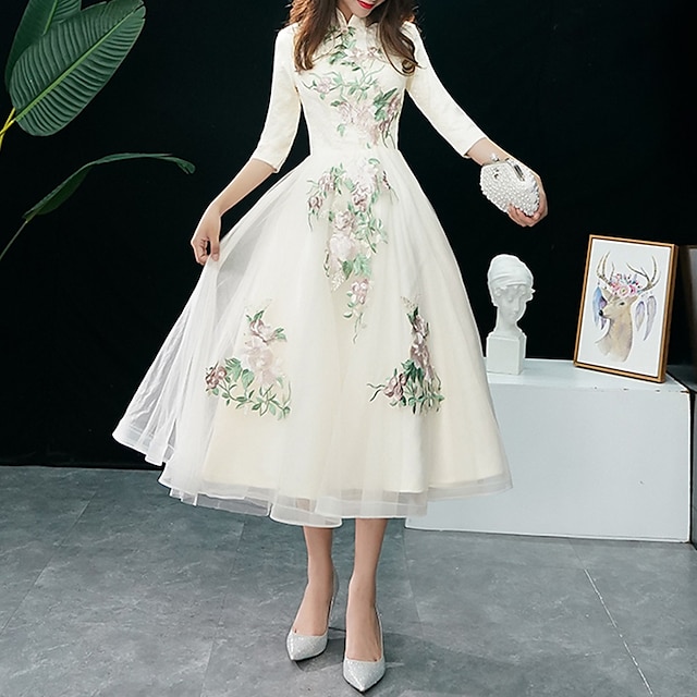  A-Line Cocktail Dresses Elegant Dress Wedding Guest Party Wear Tea Length Half Sleeve Stand Collar Tulle with Appliques