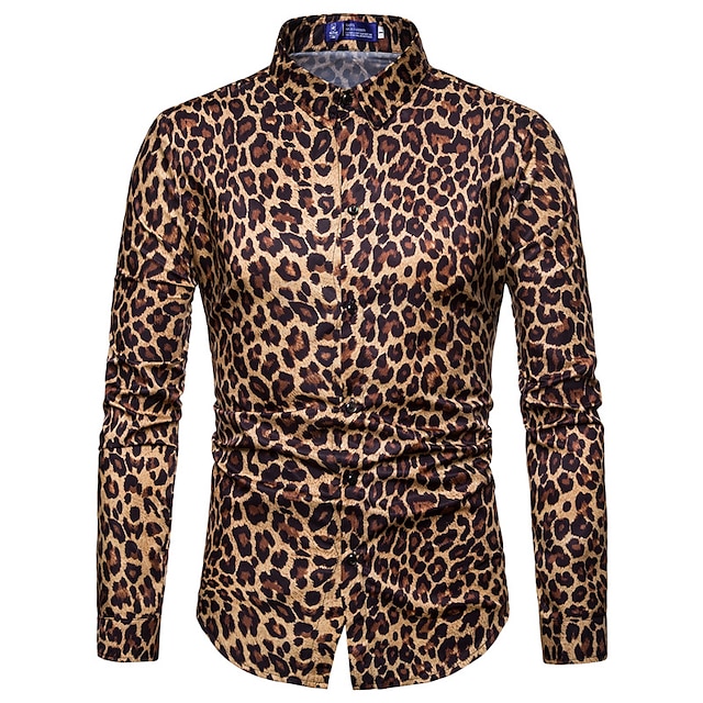  Herre Skjorte Grafisk skjorte Leopard Gepardmønster Aftæpning Brun Grå Gate Avslappet Langermet 3D-utskrift Trykt mønster Klær Mote Gatemote Kul Designer