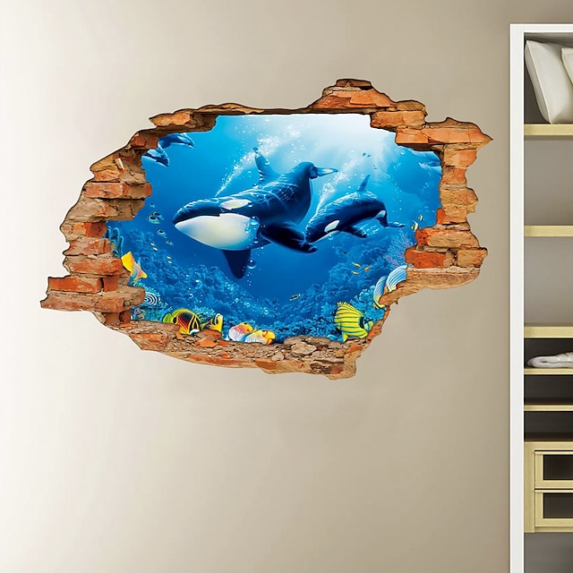  3D壊れた壁海底世界イルカホームチルドレンの部屋の背景の装飾はステッカーを削除することができます