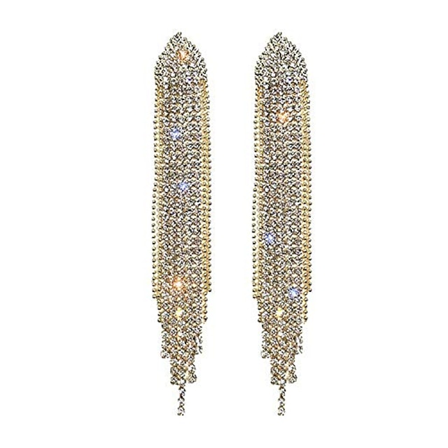  gbahfy long fringe big rhinestone metal chain tassel dangle earrings for women girls, large bling crystal rhinestone chandelier drop earrings (ong tassel rhinestone big earrings-gold)