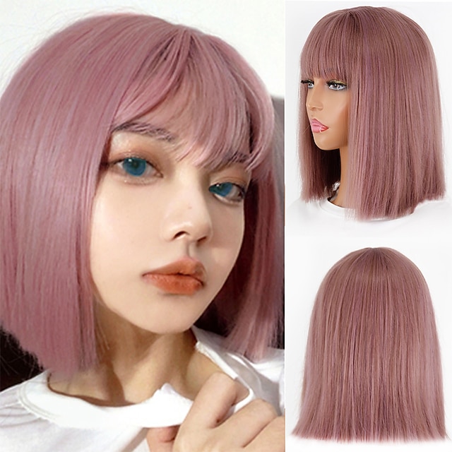 Beauty & Hair Wigs & Hair Pieces | Synthetic Wig Curly Neat Bang Wig Short Black / Gold Violet Pink Pink / Purple Light Brown Da