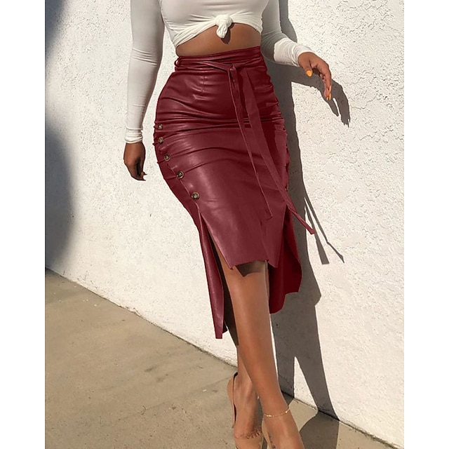 Womens Clothing Womens Bottoms | Knotted PU Leather Slit Skirt High Waisted Stretch Split Midi Hip Skirt Black Camel Red Wine S 