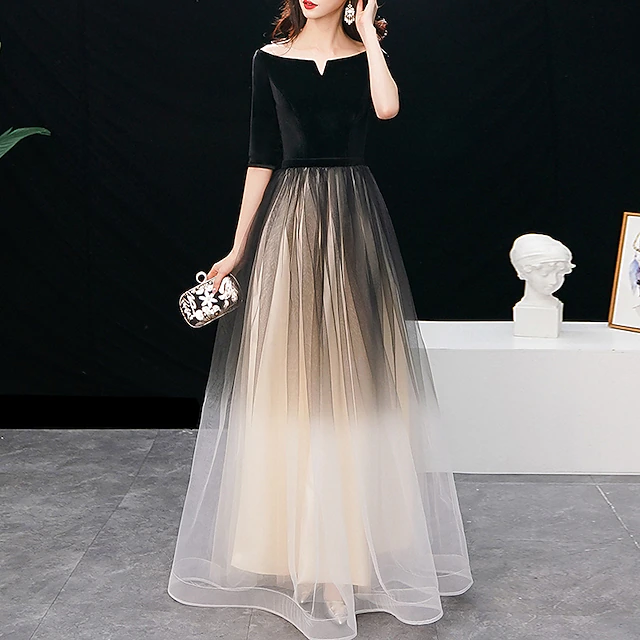 A-Line Evening Gown Elegant Dress Wedding Guest Prom Floor Length Half Sleeve Jewel Neck Tulle with Sleek 8