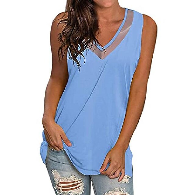 Womens Clothing Womens Tops | ezcosplay womens v neck mesh spliced cami sleeveless solid color split side tank tops blue - ZA988