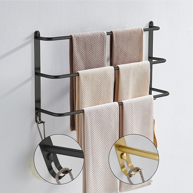  Bathroom Three-layer Shelf with Hooks Stainless Steel Multi-function Towel Rack Matte Black and Golden 1pc