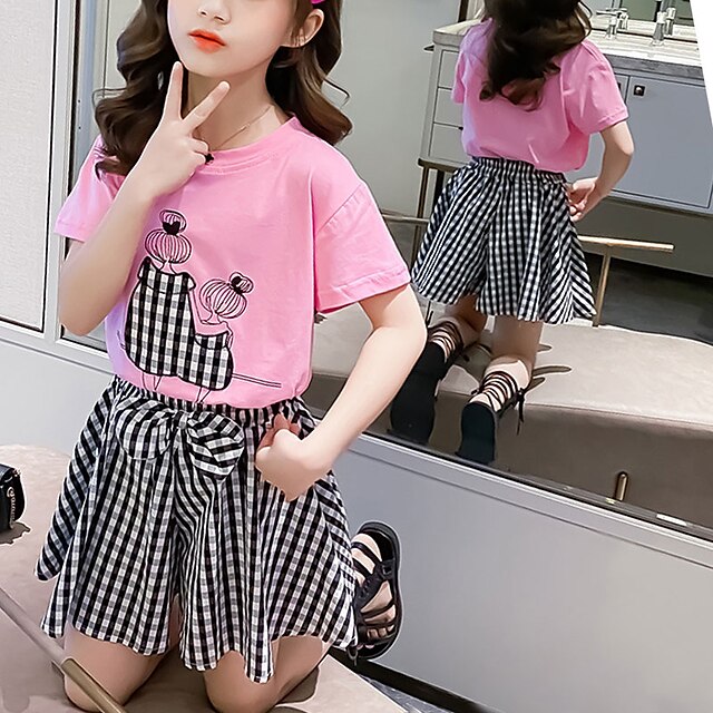 Baby & Kids Girls Clothing | Kids Girls Clothing Set 2 Pieces Short Sleeve White Pink Plaid Print Cotton Daily Wear Cute Regular