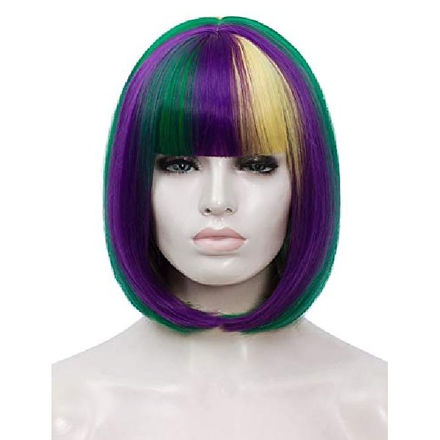  Perruques courtes violet vert jaune pour femmes, perruque de cheveux bob colorés de 12 '' avec perruque complète bangssynthetic, perruques colorées mignonnes pour le cosplay de fête de mardi gras