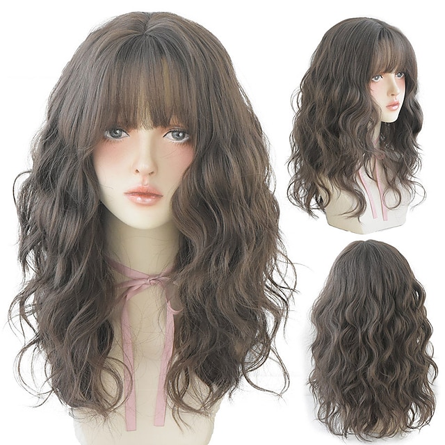  длинные вьющиеся каштановые волосы, окрашенные в черный цвет сверху, высокотемпературный шелковый синтетический парик с челкой, женские модные волосы