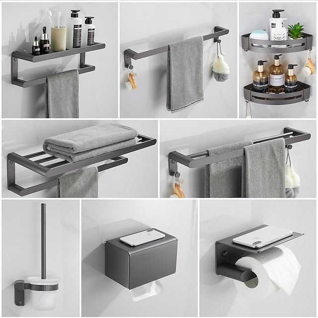  Juego de accesorios de baño, espacio de hardware de baño pistola montada en la pared de aluminio toallero gris/estante de esquina/gancho para bata/soporte de papel higiénico/barra de toalla/soporte