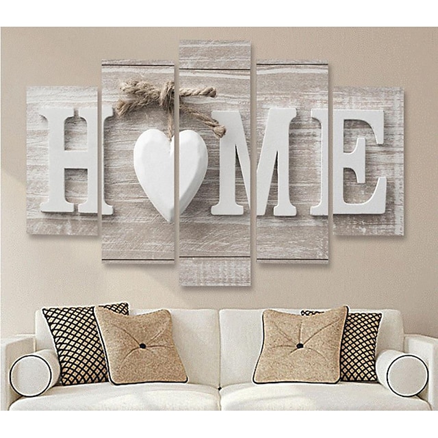  5 Panels Wall Art Canvas Prints Posters Painting Artwork Picture Love Home Letter Heart Wood Grain Modern Home Decoration Décor Rolled Canvas No Frame Unframed Unstretched