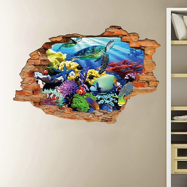  3D gebrochene Wand Unterwasserwelt Schildkröte kann entfernt werden Aufkleber Hintergrunddekoration Heimdekoration 60x90cm für Kinderzimmer Schlafzimmer Wohnzimmer