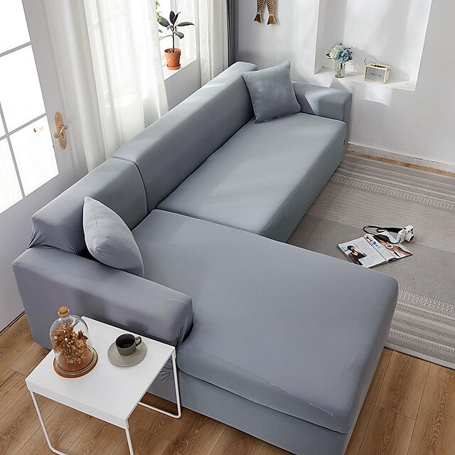  Stretch Sofa Cover Slipcover Elastic Sectional Couch Armchair Loveseat 4 or 3 seater L shape　Grey Plain　Solid　Soft Durable Washable