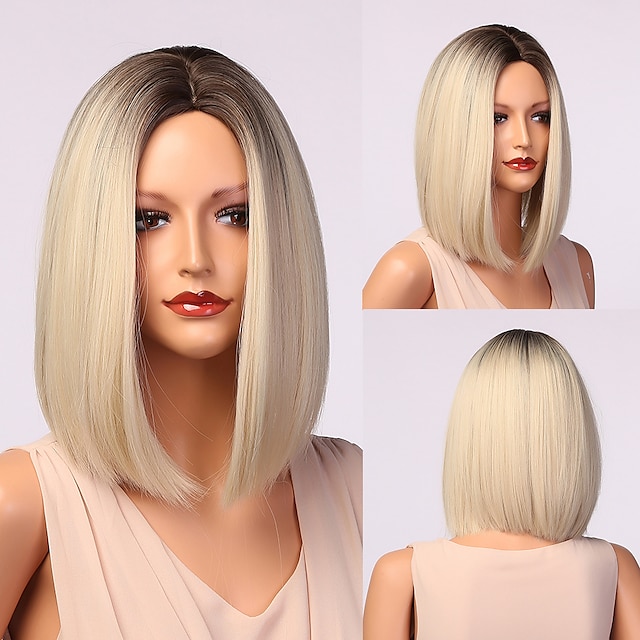 Beauty & Hair Wigs & Hair Pieces | Light White Blonde Ombre Short Bob Wigs for Women Synthetic Straight Hair Wig Natural Cosplay