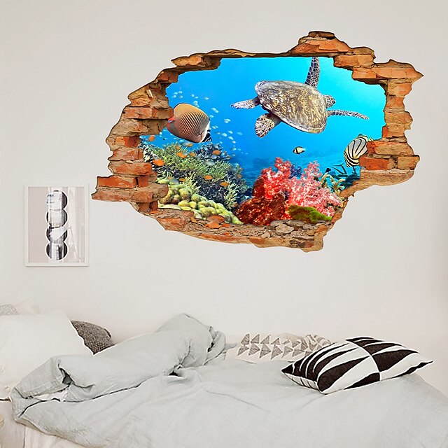 Home & Garden Home Decor | 3D Broken Wall Undersea World Turtle Home Childrens Room Background Decoration Can Be Removed Sticker