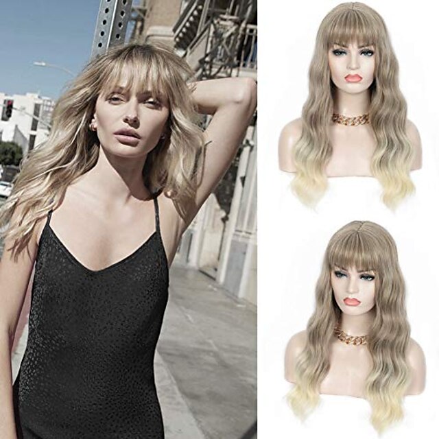 Kalyss Long Curly Ombre Wigs For Women Brown To Light Blond Ombre Hair Ladies Wigs With Bangs 2176