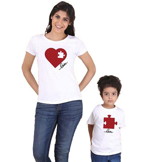 Baby & Kids Matching Outfits | Tops Mommy and Me Cotton Heart Daily Print Gray White Short Sleeve Basic Matching Outfits - BF842