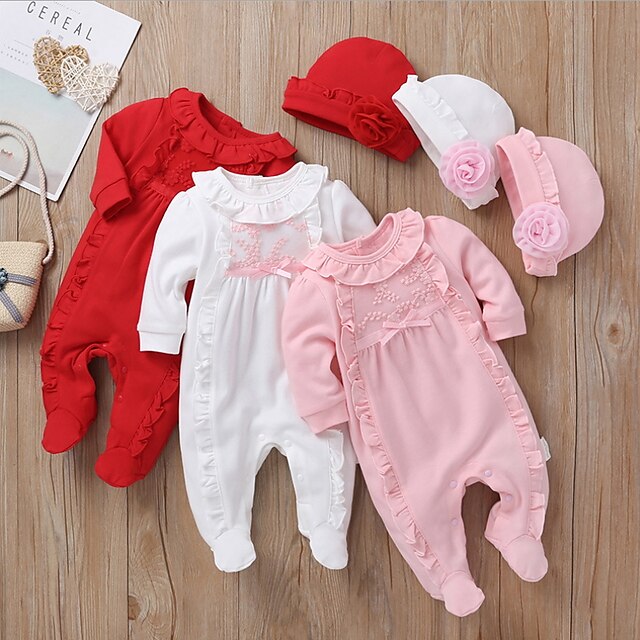  Baby Girls' Romper Basic Cotton Blushing Pink White Red Floral Print Long Sleeve / Fall